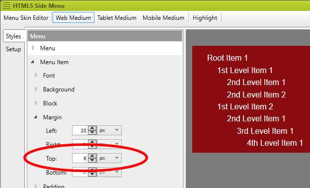 Screenshot showing spacing between menu items