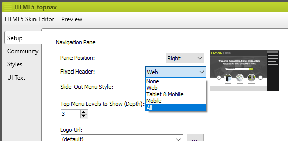 Screenshot showing fixed header option for skin