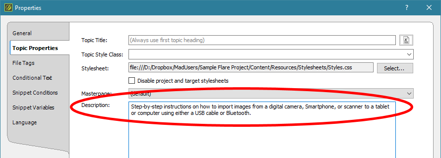 Screenshot showing the Topic Properties dialog box