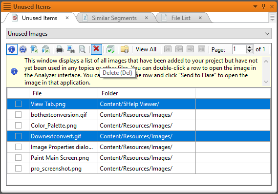 Screenshot showing Unused Images report