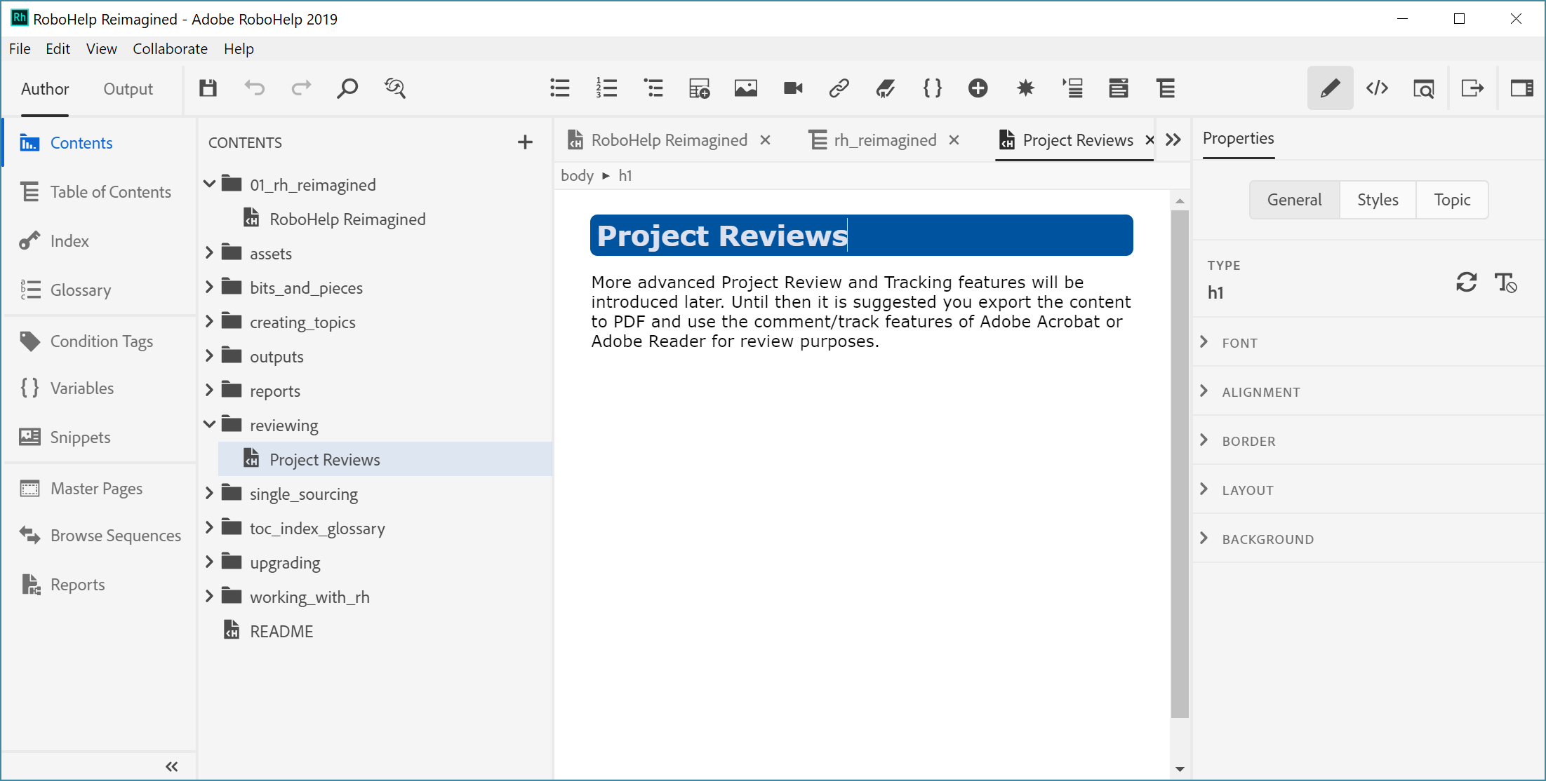 Screenshot showing RoboHelp 2019 panels and editors