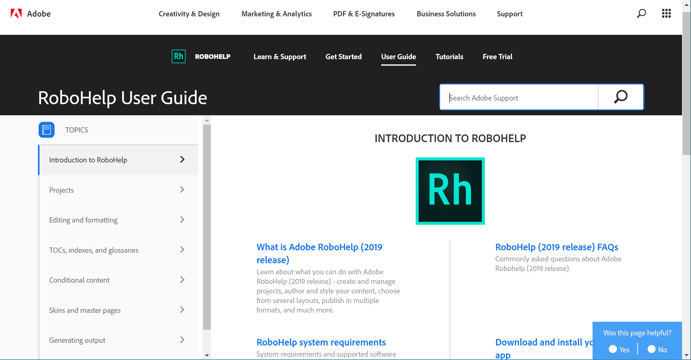 Screenshot showing RoboHelp 2019 web-based User Guide