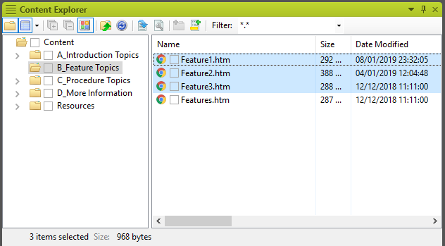 Screenshot showing three topics selected in
			Content Explorer