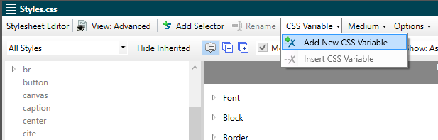 Screenshot showing how to add new CSS Variable