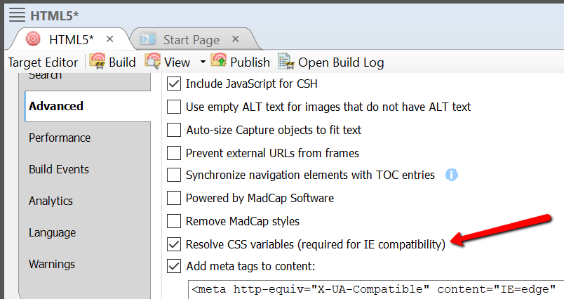 Screenshot showing Resolve CSS variables option