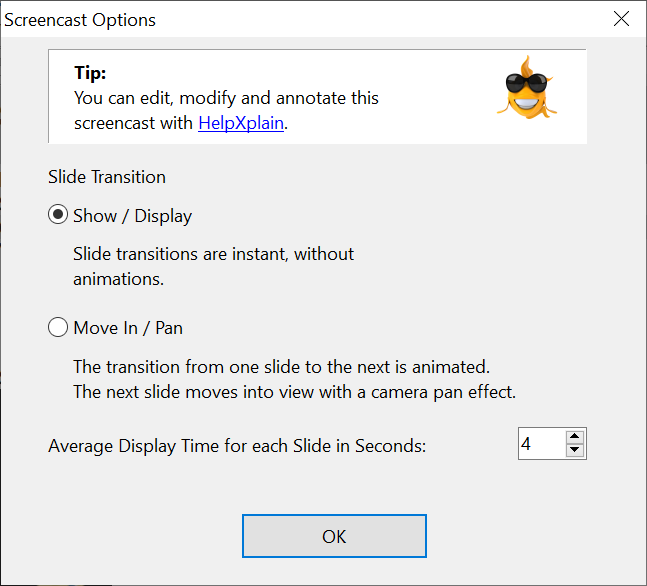 Screenshot showing the Screencast options in Help+Manual 8