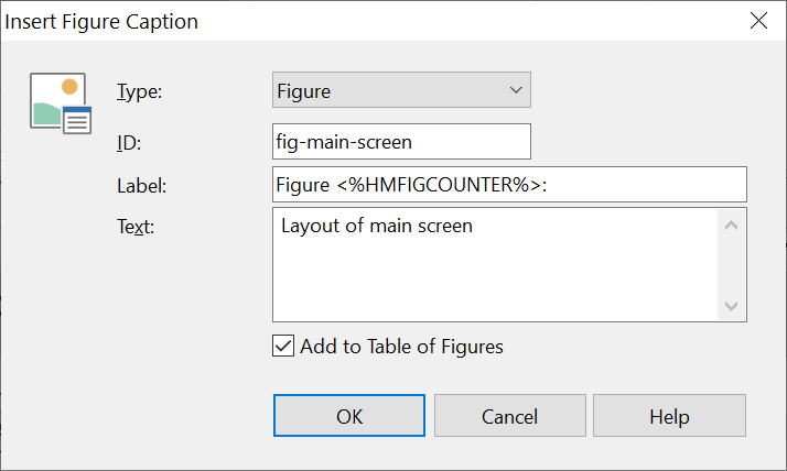 Screenshot showing the Insert Figure Caption dialog in Help+Manual 8