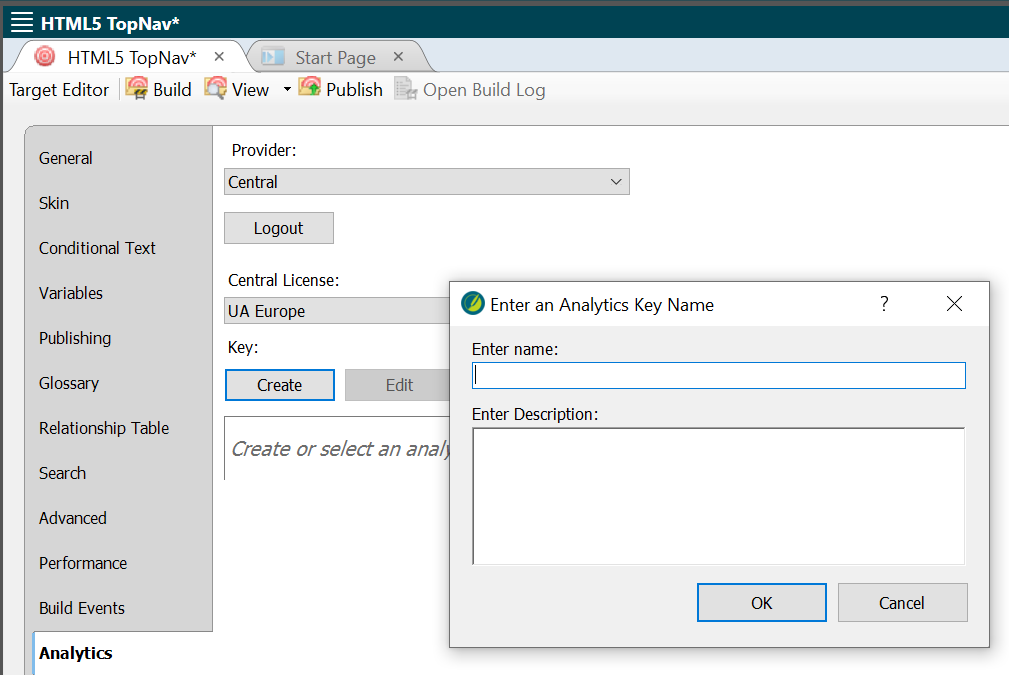 Screenshot showing Flare's Enter an Analytics Key Name dialog