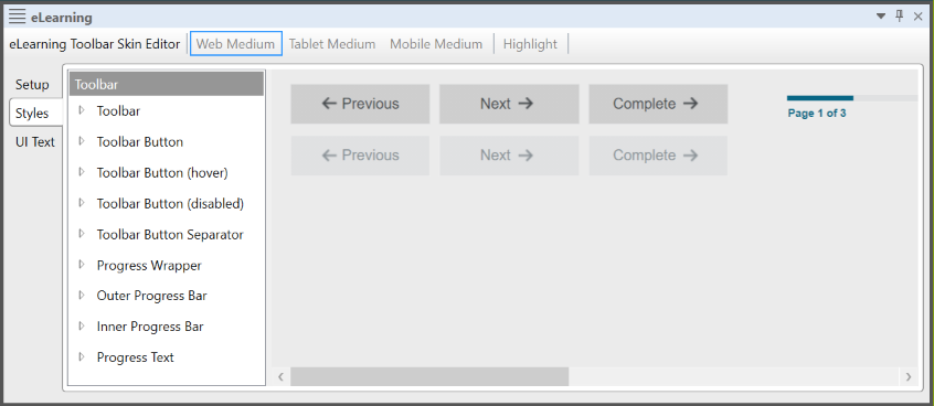 Screenshot showing an eLearning Toolbar skin component
