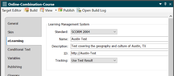 Screenshot showing the eLearning tab in the Target Editor