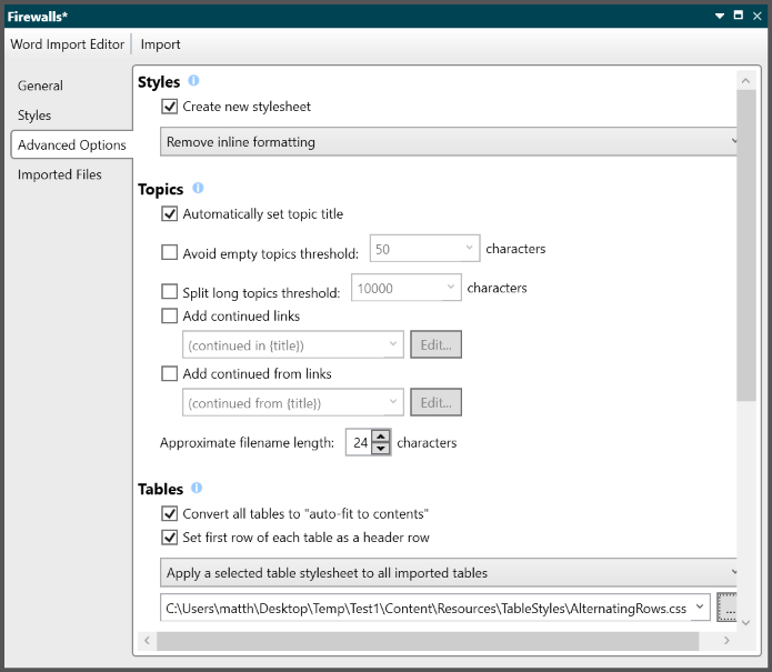 Screenshot showing Advanced Options in Word Import Editor