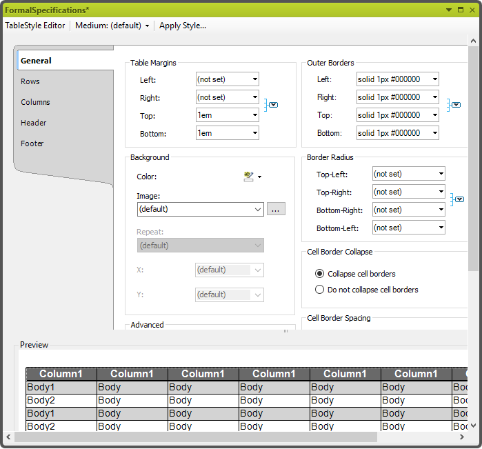 TableStyle Editor showing Preview