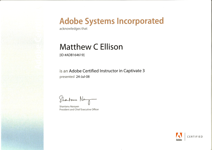 Adobe Systems Incorporated Certificate - Matthew Ellison [ID #ADB164619]