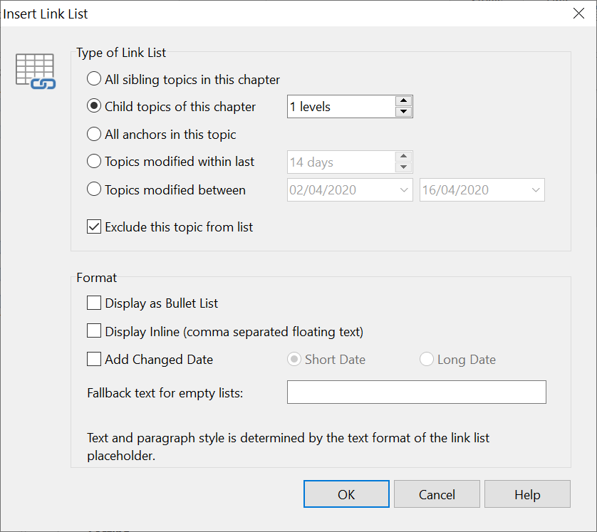 Screenshot showing the Insert Link List dialog in Help+Manual 8