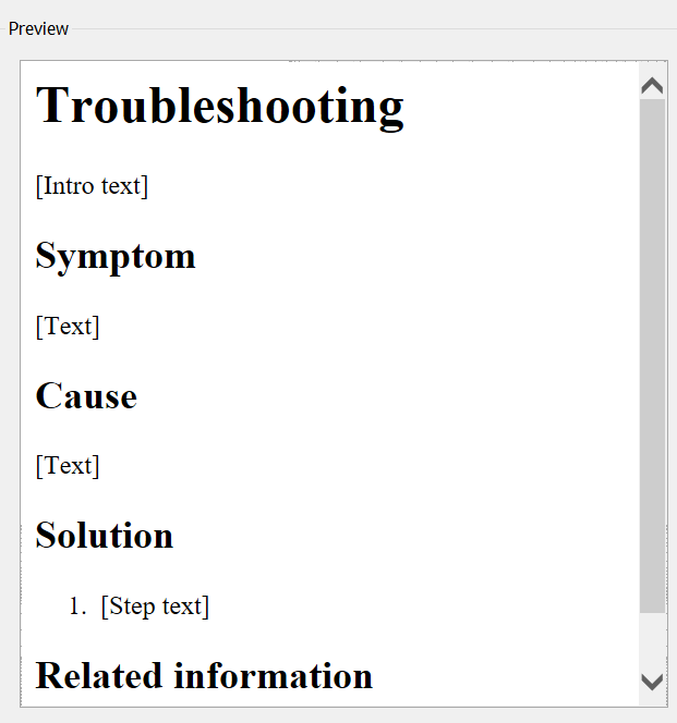 Screenshot showing Troubleshooting topic template previewed within Add File dialog