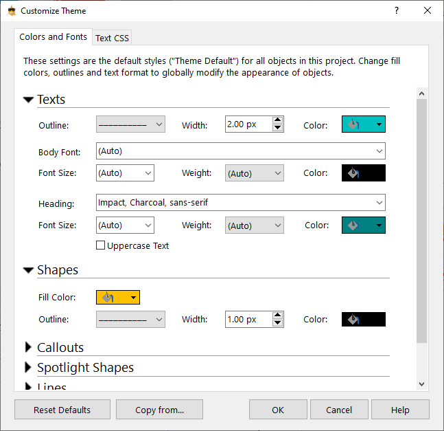 Screenshot showing the Customize Theme dialog box