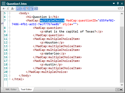 Screenshot showing the structure of a question in Flare's Text Editor