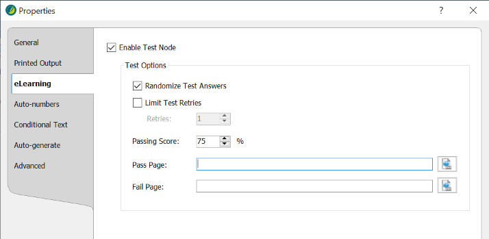 Screenshot showing the Test Options for the Test Node